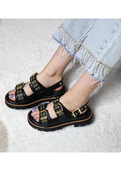 Kadın Simya Siyah Çift Bantlı Kapsül Detaylı Kalın Taban Ortopedik Sandalet Siyah modelleri