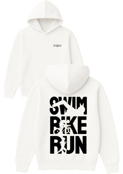 Swım Bike Run Tasarım Baskılı Oversize Beyaz Kapüşonlu Sweatshirt