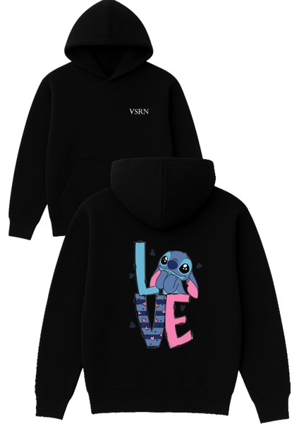 Love 1 Tasarım Baskılı Oversize Siyah Kapüşonlu Sweatshirt