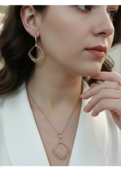 Kadın 925 Ayar Gümüş Eşkenar Dörtgen Dorika Modeli Seti