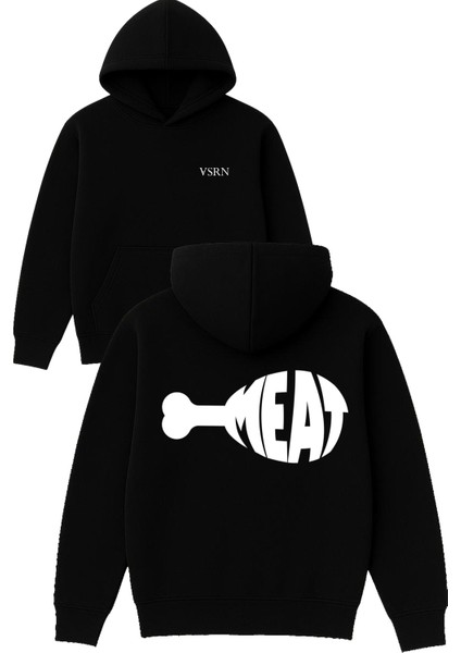 Meat Tasarım Baskılı Oversize Siyah Kapüşonlu Sweatshirt