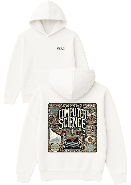 Computer Scıence Tasarım Baskılı Oversize Beyaz Kapüşonlu Sweatshirt