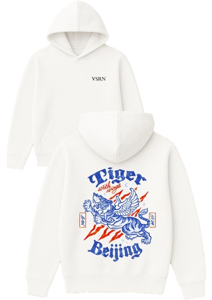Tiger Beijing Tasarım Baskılı Oversize Beyaz Kapüşonlu Sweatshirt