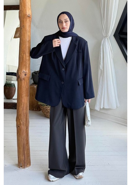 Dekoratif Cep Detaylı Tesettür Ceket Siyah