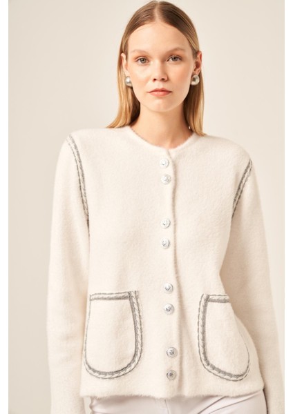 Kadın Sim Şerit Detaylı Hırka Ekru 25087 fiyatları