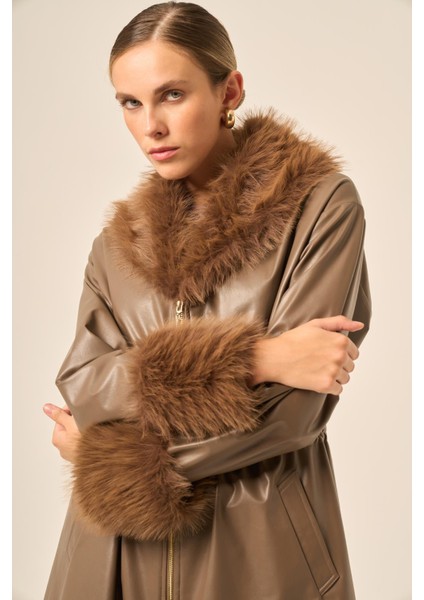 Bayan Kürk Yaka Deri Kaban Kahve 31242