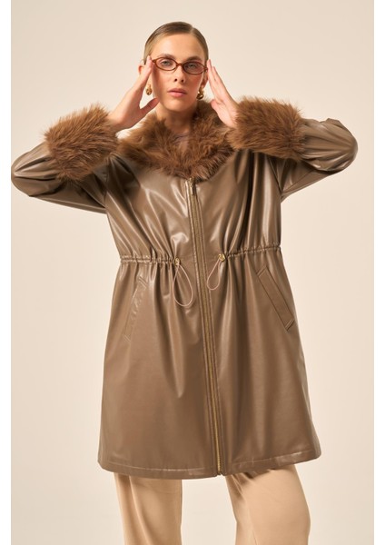 Bayan Kürk Yaka Deri Kaban Kahve 31242 fiyatları