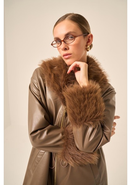 Bayan Kürk Yaka Deri Kaban Kahve 31242 modelleri