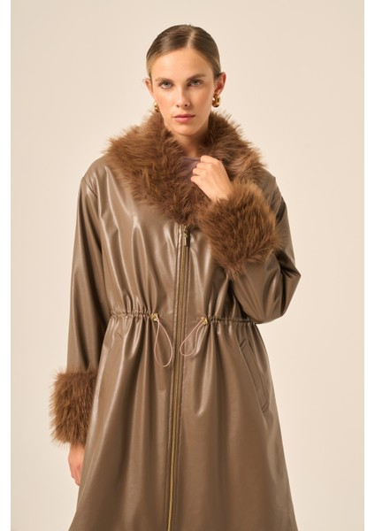 Bayan Kürk Yaka Deri Kaban Kahve 31242 fırsatları