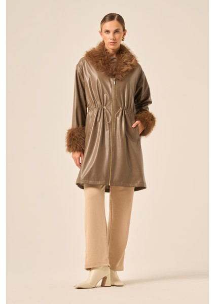 Bayan Kürk Yaka Deri Kaban Kahve 31242 indirimleri