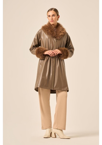 Bayan Kürk Yaka Deri Kaban Kahve 31242