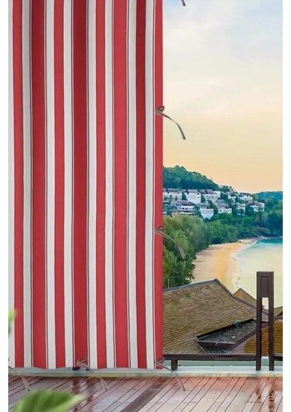 Kırmızı Beyaz Çizgili Su Geçirmez Kornişli Bağcıklı Balkon Perdesi Branda Enxboy
