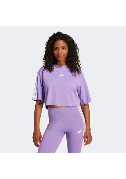 Essentials 3 Stripes Cropped Kadın Mor T-Shirt.-