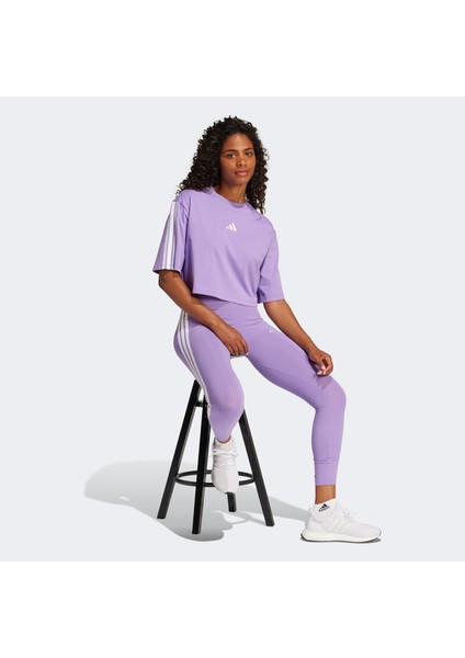 Essentials 3 Stripes Cropped Kadın Mor T-Shirt.- fiyatları