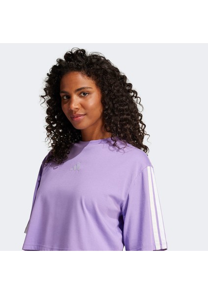 Essentials 3 Stripes Cropped Kadın Mor T-Shirt.- fırsatları