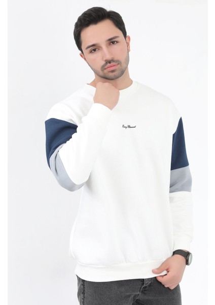 Erkek Bisiklet Yaka Sweatshirt Beyaz 3 Iplik Kolu Garnili Oversize Pamuk Karışım - 5298 fiyatları