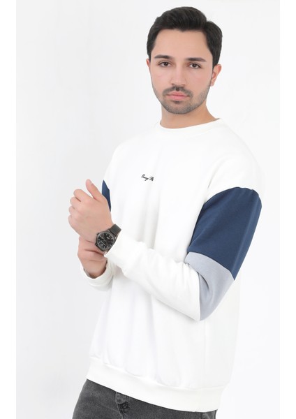 Erkek Bisiklet Yaka Sweatshirt Beyaz 3 Iplik Kolu Garnili Oversize Pamuk Karışım - 5298 modelleri