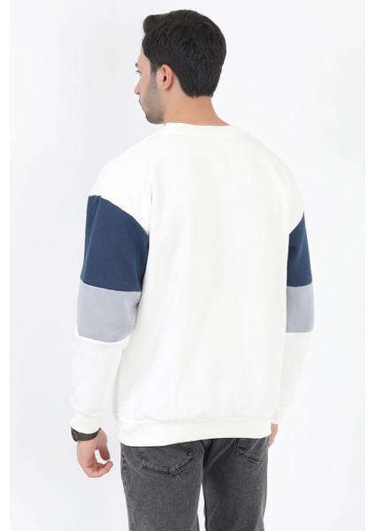 Erkek Bisiklet Yaka Sweatshirt Beyaz 3 Iplik Kolu Garnili Oversize Pamuk Karışım - 5298 fırsatları