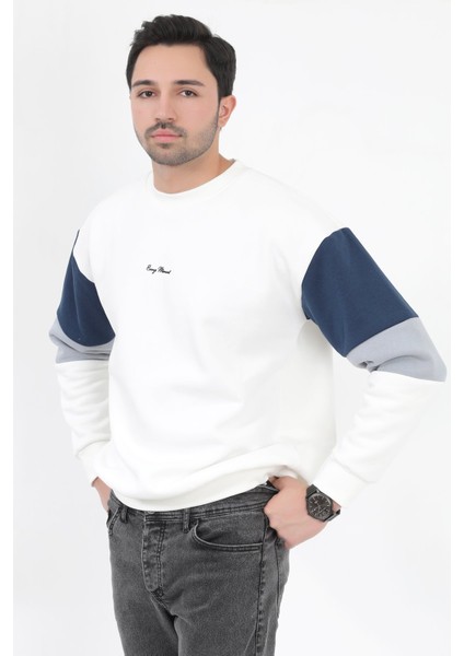 Erkek Bisiklet Yaka Sweatshirt Beyaz 3 Iplik Kolu Garnili Oversize Pamuk Karışım - 5298 indirimleri