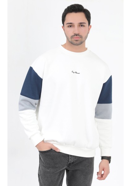 Erkek Bisiklet Yaka Sweatshirt Beyaz 3 Iplik Kolu Garnili Oversize Pamuk Karışım - 5298