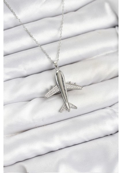 316L Çelik Zincir Gümüş Renk Uçak Model Kadın Kolye