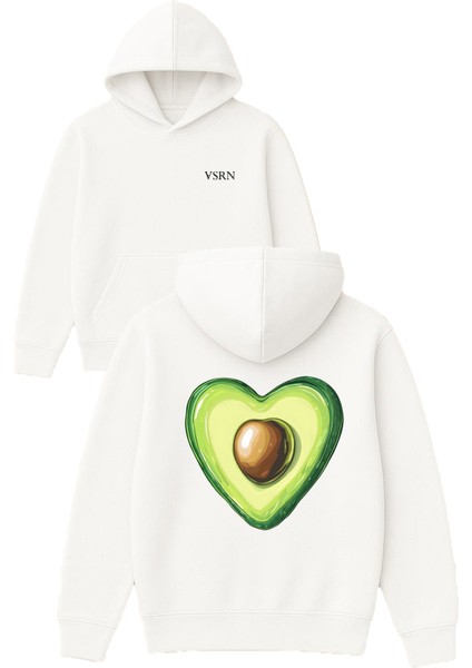 Avakado Kalp Tasarım Baskılı Oversize Beyaz Kapüşonlu Sweatshirt