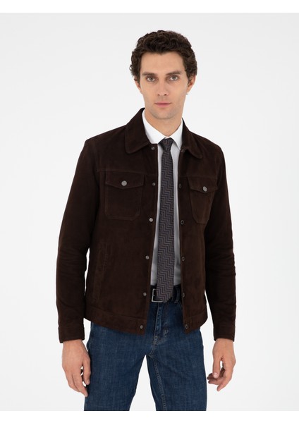 Erkek Koyu Kahverengi Süet Deri Ceket 50296132-VR084