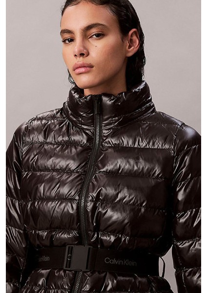Kadın Belted Lightweight Puffer Mont - Siyah fırsatları