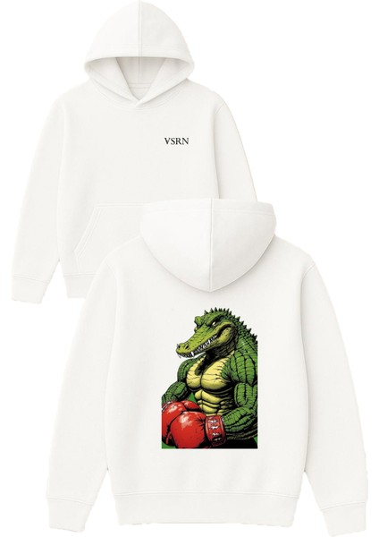 Boksör Timsah Tasarım Baskılı Oversize Beyaz Kapüşonlu Sweatshirt