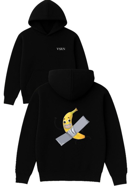 Bantlı Muz Tasarım Baskılı Oversize Siyah Kapüşonlu Sweatshirt