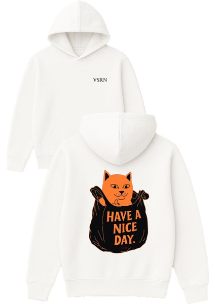 Have A Nice Day Tasarım Baskılı Oversize Beyaz Kapüşonlu Sweatshirt