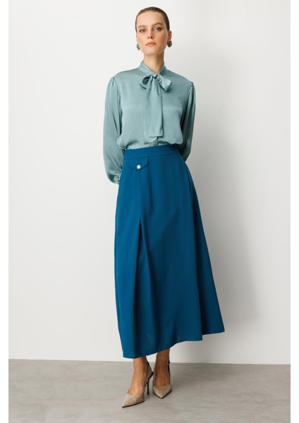 Sahte Cep Detaylı Krep Etek-Petrol