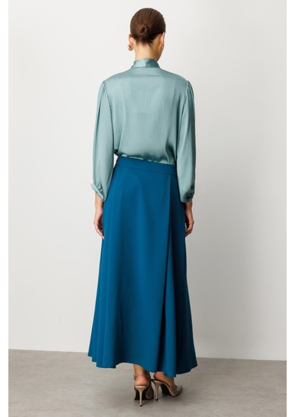 Sahte Cep Detaylı Krep Etek-Petrol