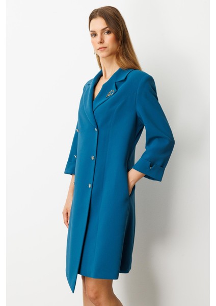 Kruvaze Yaka Düğmeli Ceket Elbise-Siyah-Petrol