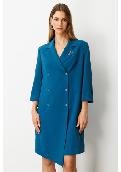 Kruvaze Yaka Düğmeli Ceket Elbise-Siyah-Petrol modelleri