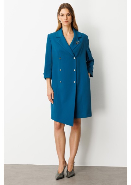 Kruvaze Yaka Düğmeli Ceket Elbise-Siyah-Petrol fırsatları