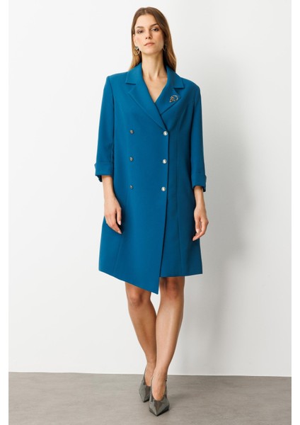 Kruvaze Yaka Düğmeli Ceket Elbise-Siyah-Petrol indirimleri