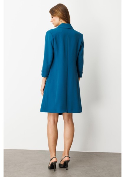 Kruvaze Yaka Düğmeli Ceket Elbise-Siyah-Petrol