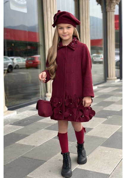 Kız Çocuk Yakası Taş ve Yonca Detaylı Çıtçıt Düğmeli Bordo Kaşe