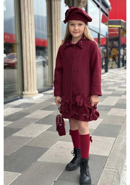 Kız Çocuk Yakası Taş ve Yonca Detaylı Çıtçıt Düğmeli Bordo Kaşe fiyatları