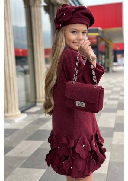 Kız Çocuk Yakası Taş ve Yonca Detaylı Çıtçıt Düğmeli Bordo Kaşe modelleri