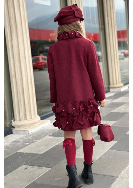 Kız Çocuk Yakası Taş ve Yonca Detaylı Çıtçıt Düğmeli Bordo Kaşe fırsatları