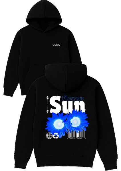 Sun Flower Tasarım Baskılı Oversize Siyah Kapüşonlu Sweatshirt