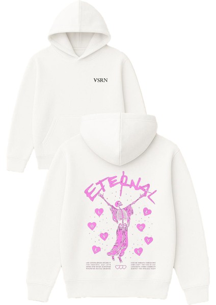 Iskelet Eternal Tasarım Baskılı Oversize Beyaz Kapüşonlu Sweatshirt