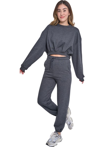 Kadın Üç Iplik Içi Pamuklu Şardonlu Eşofman Takımı Bisiklet Yaka Crop Eşofman Takımı