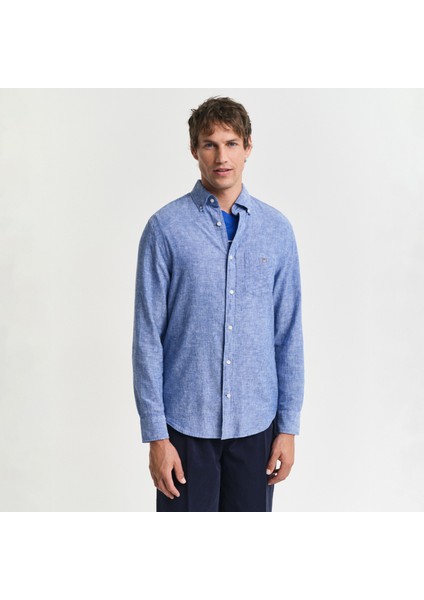 Erkek Lacivert Regular Fit Düğmeli Yaka Keten Gömlek