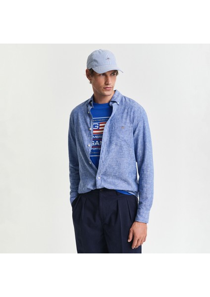 Erkek Lacivert Regular Fit Düğmeli Yaka Keten Gömlek fiyatları