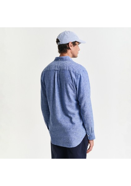 Erkek Lacivert Regular Fit Düğmeli Yaka Keten Gömlek modelleri