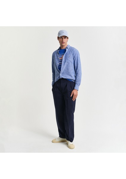 Erkek Lacivert Regular Fit Düğmeli Yaka Keten Gömlek fırsatları