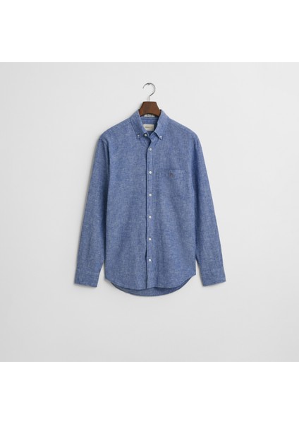 Erkek Lacivert Regular Fit Düğmeli Yaka Keten Gömlek indirimleri